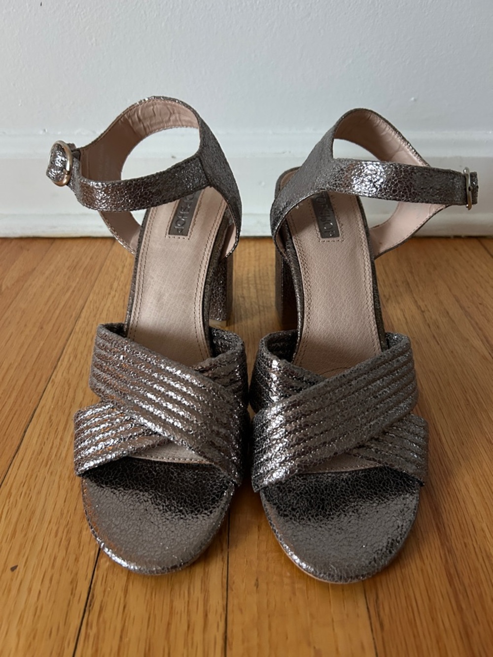 Topshop Metallic Ankle-Strap Block Heels